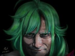 Rule 34 | 1boy, ahoge, black background, closed mouth, commentary request, cosplay, dated, green eyes, green hair, highres, kantai collection, long hair, looking at viewer, mads mikkelsen, male focus, matsu (kancolle), matsu (kancolle) (cosplay), portrait, pun, real life, realistic, signature, simple background, smile, solo, tk8d32, what