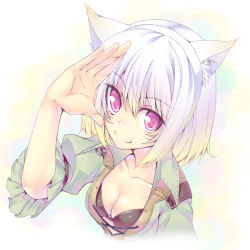 Rule 34 | 10s, 1girl, :3, animal ears, bra, breasts, cat ears, cleavage, face, facial mark, final fantasy, final fantasy xiv, gradient hair, ichijou hitoshi, lingerie, miqo&#039;te, multicolored hair, pink eyes, purple eyes, salute, short hair, small breasts, smile, solo, underwear, warrior of light (ff14), white hair