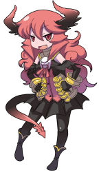 Rule 34 | 1girl, armor, armored dress, bare shoulders, black gloves, black pantyhose, bracelet, breasts, chibi, demon girl, demon horns, demon tail, elbow gloves, gloves, hands on own hips, horns, jewelry, long hair, maou beluzel, matsuda yuusuke, original, pantyhose, red eyes, red hair, skull, small breasts, solo, tail, yuusha to maou