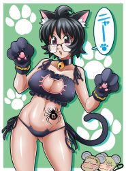 Rule 34 | 1girl, 2boys, alternate costume, animal ears, animal hands, bell, black choker, black hair, blonde hair, blush, breasts, cat ears, cat lingerie, cat paws, cat tail, chain, chibi, choker, cleavage, closed eyes, glasses, gloves, green background, highres, hoimin (anchangdeath), hunter x hunter, large breasts, medium hair, meme attire, mouse ears, mouse tail, multiple boys, paw gloves, phinks magcub, purple eyes, shalnark, shizuku murasaki, short hair, simple background, smile, spider tattoo, standing, tail, tattoo, thighs, translation request