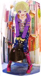 Rule 34 | 1girl, ;d, aikatsu!, aikatsu! (series), bag, blonde hair, blush, boots, carrying bag, casual, earrings, fang, fashion, hair between eyes, handbag, hattori yu, high heel boots, high heels, jacket, jewelry, leaning forward, looking at viewer, no smoking, one eye closed, open mouth, outdoors, pants, photo background, purple eyes, road, sakana (skn), short hair, smile, solo, star (symbol), star earrings, street, union jack