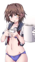 Rule 34 | 1girl, 547th sy, blue bra, blue panties, blurry, bra, brown hair, commentary request, cowboy shot, cup, depth of field, furutaka (kancolle), glowing, glowing eye, heterochromia, highres, kantai collection, mug, navel, no pants, open clothes, panties, short hair, simple background, solo, underwear, white background, yellow eyes