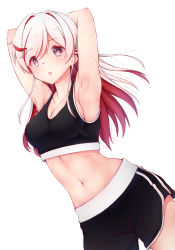 Rule 34 | 1girl, armpits, arms behind head, arms up, black shorts, black sports bra, blush, breasts, brown eyes, cleavage, collarbone, colored inner hair, cowboy shot, hair between eyes, long hair, medium breasts, midriff, multicolored hair, navel, open mouth, original, red hair, short shorts, shorts, sideboob, simple background, solo, sports bra, sportswear, standing, stomach, sweatdrop, two-tone hair, wakkuchin20, white background, white hair