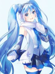 Rule 34 | 1girl, aryuma772, bare shoulders, blue eyes, blue hair, blue ribbon, commentary, cowboy shot, detached sleeves, earmuffs, grey skirt, grey sleeves, hair ornament, hand on own chest, hatsune miku, hatsune miku (nt), highres, blue background, long hair, looking at viewer, miniskirt, mittens, neck ribbon, open mouth, piapro, pleated skirt, ribbon, scarf, shirt, skirt, sleeveless, sleeveless shirt, smile, snowflake print, solo, thighhighs, twintails, very long hair, vocaloid, white mittens, white scarf, white shirt, yuki miku, yuki miku (2011), zettai ryouiki
