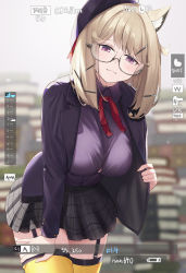 Rule 34 | 1girl, :3, absurdres, animal ear fluff, animal ears, arknights, black-framed eyewear, black hat, black jacket, black skirt, blonde hair, blush, book, book stack, breasts, button gap, closed mouth, collared shirt, glasses, hair ornament, hairclip, hand on own thigh, hat, highres, jacket, large breasts, leaning forward, long hair, looking at viewer, miniskirt, neck ribbon, official alternate costume, open clothes, open jacket, plaid, plaid skirt, purple eyes, purple jacket, red ribbon, ribbon, semi-rimless eyewear, shirt, skirt, smile, solo, thighhighs, under-rim eyewear, utage (arknights), utage (disguise) (arknights), yellow thighhighs, zayur, zipper