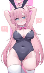 Rule 34 | 1girl, absurdres, animal ears, black leotard, blue archive, blue eyes, blush, breasts, cleavage, cowboy shot, detached collar, fake animal ears, highres, large breasts, leotard, long hair, mimori (blue archive), open mouth, pink hair, rabbit ears, sisong, solo, strapless, strapless leotard, thighhighs, white thighhighs