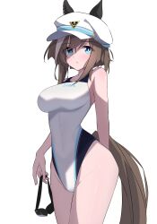 Rule 34 | 1girl, absurdres, animal ears, blue eyes, bob cut, brown hair, cheval grand (umamusume), competition swimsuit, goggles, groin, hat, highleg, highleg swimsuit, highres, horse ears, horse girl, horse tail, inverted bob, looking at viewer, multicolored hair, one-piece swimsuit, peaked cap, short hair, solo, streaked hair, swimsuit, tail, umamusume, unworn goggles, white hat, white one-piece swimsuit, yorozuya (yoroz ryobi)
