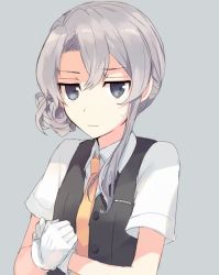 Rule 34 | 1girl, asymmetrical hair, black vest, closed mouth, collared shirt, commentary request, gloves, grey background, grey eyes, hair between eyes, kantai collection, long hair, looking at viewer, necktie, nowaki (kancolle), shirt, short sleeves, sidelocks, silver hair, simple background, solo, sweat, vest, white gloves, white shirt, yellow necktie, zp hn02