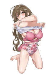 Rule 34 | 1girl, ahoge, bare legs, barefoot, blush, bracelet, breasts, brown eyes, brown hair, cleavage, clothes lift, floral print, hair down, hair ornament, hamedoragon, highres, huge ahoge, idolmaster, idolmaster shiny colors, jewelry, kneeling, kuwayama chiyuki, large breasts, lifting own clothes, long hair, looking at viewer, official alternate costume, official alternate hairstyle, one-piece swimsuit, open mouth, pink one-piece swimsuit, print swimsuit, shirt, shirt lift, solo, swimsuit, toes, wavy hair, white shirt