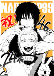 Rule 34 | 2boys, black hair, black sclera, cheek pull, clenched teeth, collarbone, colored sclera, ebi chan (ebchan), facial scar, fangs, forehead protector, hair slicked back, hidan (naruto), jewelry, kakuzu (naruto), male focus, mask, multiple boys, naruto, naruto (series), orange background, poll, ring, scar, scar on cheek, scar on face, scythe, sleeveless, smile, stitches, teeth, tongue, torn clothes, twitter username, upper body, v, veins, veiny arms