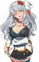 Rule 34 | 1girl, arm behind back, black bra, bra, breasts, cleavage, highres, idolmaster, idolmaster (classic), large breasts, long hair, open mouth, shijou takane, silver hair, simple background, solo, tearing up, thighhighs, tuxedo de cat, underwear, white background, zettai ryouiki