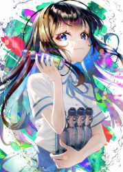 Rule 34 | 1girl, aqua hair, blue eyes, blue ribbon, blue skirt, blurry, bottle, breasts, brown hair, closed mouth, collared shirt, colored inner hair, commentary request, cowboy shot, depth of field, eyelashes, gradient hair, hand up, highres, holding, holding bottle, looking at viewer, mizo-chan (yamahara), multicolored hair, neck ribbon, original, pleated skirt, purple hair, ramune, ribbon, school uniform, shadow, shirt, short sleeves, sidelocks, signature, skirt, small breasts, solo, water, white shirt, yamahara