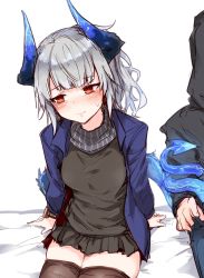 Rule 34 | 1girl, 1other, arknights, black gloves, black jacket, black shirt, black skirt, black thighhighs, blue jacket, brown eyes, closed mouth, commentary request, cowboy shot, day, doctor (arknights), dragon girl, dragon horns, dragon tail, embarrassed, gloves, grey hair, highres, horns, hourai kochou, jacket, liskarm (arknights), long sleeves, looking away, medium hair, nervous, on bed, pleated skirt, prehensile tail, scarf, shirt, sitting, skirt, sweat, tail, tail wrap, thighhighs, white background