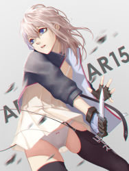 Rule 34 | 1girl, black gloves, black jacket, black thighhighs, bow, bow panties, character name, chromatic aberration, clothes writing, commentary request, dress, garter straps, girls&#039; frontline, gloves, grey background, hair between eyes, highres, holding, holding knife, jacket, knife, long hair, looking to the side, open clothes, open jacket, panties, pink bow, pink hair, pleated dress, print thighhighs, short dress, skindentation, solo, st ar-15 (girls&#039; frontline), tacshojosora, thighhighs, underwear, white panties, yellow dress