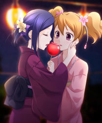 Rule 34 | 2girls, blonde hair, blue hair, blurry, blurry background, blush, candy apple, closed eyes, festival, flower, food, fresh precure!, hair flower, hair ornament, higashi setsuna, japanese clothes, kimono, kotobuki oto, long hair, long sleeves, looking at another, momozono love, multiple girls, night, obi, open mouth, outdoors, parted bangs, pink flower, pink kimono, precure, purple eyes, purple flower, purple kimono, sash, standing, twintails, wide sleeves, yellow flower, yuri