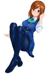 Rule 34 | 1girl, absurdres, alice gear aegis, arm support, ass, blue dress, blue pantyhose, braid, breasts, brown hair, collared shirt, dress, dress shirt, dutch angle, feet, frilled dress, frills, fukuinu, full body, gem, highres, invisible chair, legs, long sleeves, looking at viewer, medium breasts, pantyhose, pinafore dress, red eyes, shirt, short hair, simple background, sitting, sleeveless dress, smile, solo, sutegoro shiina, white background, white shirt