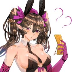Rule 34 | 1girl, animal ears, black thighhighs, breasts, brown hair, cellphone, cleavage, closed mouth, commentary, commission, ear piercing, english commentary, hat, highres, himekaidou hatate, holding, holding phone, large breasts, leotard, long hair, looking at viewer, phone, piercing, playboy bunny, pointy ears, purple eyes, purple hat, rabbit ears, simple background, solo, thighhighs, tokin hat, tomatolover16, touhou, twintails, white background