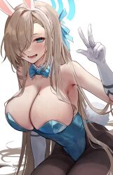 Rule 34 | 1girl, animal ears, arm at side, asuna (blue archive), asuna (bunny) (blue archive), asymmetrical bangs, bare shoulders, blue archive, blue bow, blue bowtie, blue eyes, blue leotard, blue ribbon, blush, bow, bowtie, breasts, brown pantyhose, cleavage, commentary, cowboy shot, detached collar, elbow gloves, eyes visible through hair, fake animal ears, fake tail, gloves, hair over one eye, hair ribbon, hair spread out, hairband, halo, hand up, highleg, highleg leotard, highres, laevan, large breasts, leotard, light brown hair, long bangs, long hair, looking at viewer, lower teeth only, mole, mole on breast, official alternate costume, pantyhose, parted lips, playboy bunny, rabbit ears, rabbit tail, ribbon, sidelocks, simple background, sitting, smile, solo, strapless, strapless leotard, tail, teeth, thighband pantyhose, veins, veiny breasts, very long hair, w, white background, white gloves, white hairband