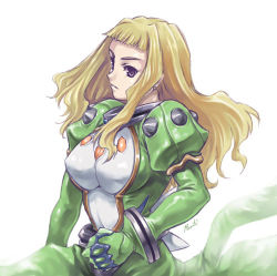 Rule 34 | 00s, 1girl, armor, blonde hair, breastplate, dress, expressionless, green dress, haruka armitage, jewelry, lowres, maruto!, my-otome, neck ring, parted lips, purple eyes, simple background, solo, spikes, teeth, white background
