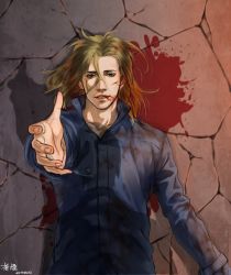 Rule 34 | 1boy, anderain, arm up, blonde hair, blood, blood in mouth, cobblestone, facial hair, from above, highres, long coat, lying, male focus, on back, outstretched hand, silent hill, silent hill (series), silent hill 4: the room, solo, stubble, walter sullivan