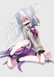Rule 34 | 1girl, absurdres, angel wings, barefoot, bit gag, braid, french braid, full body, gag, grey background, highres, kishin sagume, menou 74, one eye closed, restrained, sex toy, simple background, single wing, solo, touhou, vibrator, wings