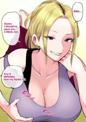 Rule 34 | 1girl, blonde hair, breasts, cleavage, english text, grabbing own breast, grin, gyaru, hard-translated, highres, incest, large breasts, mature female, mother and son, natsume benkei, smile, solo, third-party edit, uncolored hair roots