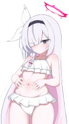 Rule 34 | 1girl, bare arms, bare shoulders, bikini, black eyes, black hairband, blue archive, blush, breasts, colored inner hair, cowboy shot, frilled bikini, frills, gluteal fold, grey hair, hair over one eye, hairband, halo, hands on own stomach, highres, io9, long hair, multicolored hair, navel, pink halo, plana (blue archive), red halo, red pupils, ribbon, simple background, small breasts, solo, stomach, sweatdrop, swimsuit, thighs, very long hair, white background, white bikini, white ribbon