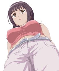 Rule 34 | 1girl, artist request, bare shoulders, blush, breasts, brown eyes, covered erect nipples, from below, highres, itsuwa, medium breasts, midriff, navel, open mouth, purple hair, solo, toaru majutsu no index