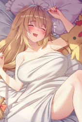 Rule 34 | 1girl, :d, ahoge, akai haato, blonde hair, blush, breasts, closed eyes, commentary request, drooling, haaton (akai haato), highres, hololive, large breasts, light particles, long hair, lying, magowasabi, mouth drool, nail polish, on back, open mouth, pillow, red nails, signature, sleeping, smile, solo, thighhighs, translation request, twitter username, under covers, very long hair, virtual youtuber