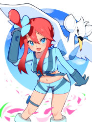 Rule 34 | 1girl, blue eyes, blue gloves, blue jacket, blue shorts, blush, commentary, creatures (company), cropped jacket, eyelashes, game freak, gen 5 pokemon, gloves, hair between eyes, hair ornament, hand up, highres, jacket, knees, navel, nintendo, nuneno, one side up, open mouth, pokemon, pokemon (creature), pokemon bw, pouch, red hair, short hair with long locks, short shorts, shorts, sidelocks, skyla (pokemon), smile, swanna, teeth, thigh pouch, tongue, turtleneck, upper teeth only