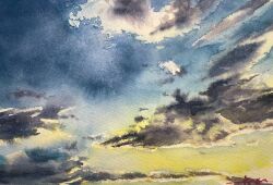 Rule 34 | blue sky, cloud, cloudy sky, highres, light rays, no humans, orange sky, original, painting (medium), shadow, shibakaka, sky, sky focus, sunlight, sunset, traditional media