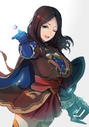 Rule 34 | 1girl, ;d, black hair, blue eyes, breasts, brown hair, cape, cowboy shot, fate/grand order, fate (series), foreshortening, from side, gloves, gradient background, highres, hsin, large breasts, leonardo da vinci (fate), long hair, looking at viewer, looking to the side, one eye closed, open mouth, parted bangs, pointing, pointing at viewer, red skirt, saint quartz (fate), skirt, smile, solo, star (symbol), star print, thighhighs, zettai ryouiki