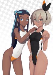 Rule 34 | 2girls, absurdres, adapted costume, bea (pokemon), black hair, black hairband, black one-piece swimsuit, blue hair, checkered background, clenched hand, commentary, commentary request, competition swimsuit, cowboy shot, creatures (company), dark-skinned female, dark skin, english commentary, game freak, grey eyes, gym leader, hair bun, hairband, highleg, highleg swimsuit, highres, long hair, looking at viewer, multicolored hair, multiple girls, nessa (pokemon), nintendo, one-piece swimsuit, pokemon, pokemon swsh, putcher, short hair, silver hair, single hair bun, swimsuit, two-tone hair, white one-piece swimsuit