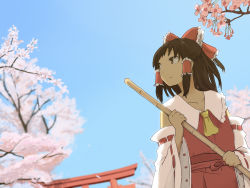 Rule 34 | 1girl, ascot, bad id, bad pixiv id, bamboo broom, blue sky, bow, broom, brown eyes, brown hair, cherry blossoms, collarbone, day, detached sleeves, female focus, hair bow, hair tubes, hakurei reimu, highres, japanese clothes, long hair, miko, potionu, skirt, sky, solo, torii, touhou, tree, vest