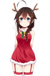 Rule 34 | 10s, 1girl, ahoge, antlers, arms behind back, bad id, bad pixiv id, bell, black hair, blue eyes, blush, braid, christmas, flying sweatdrops, garter straps, gloves, hair ornament, hair over shoulder, hair ribbon, hairband, highres, horns, jingle bell, kantai collection, long hair, looking at viewer, ribbon, shigure (kancolle), shigure kai ni (kancolle), simple background, single braid, skirt, smile, solo, suruga (xsurugax), white background