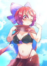 Rule 34 | 1girl, black bra, blue bow, blush, bow, bra, breasts, cape, cleavage, day, hair bow, large breasts, navel, one eye closed, outdoors, parted lips, pleated skirt, red cape, red eyes, red hair, red skirt, sekibanki, short hair, skirt, solo, sweat, tanasuke, touhou, underwear
