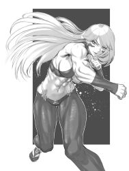 Rule 34 | 1girl, abs, biceps, breasts, clenched hands, foot out of frame, fuuma kotarou (tenkaichi), greyscale, highres, large breasts, long hair, monochrome, navel, outline, pants, rggr, sandals, sideboob, smile, solo, tenkaichi nihon saikyou bugeisha ketteisen, white outline