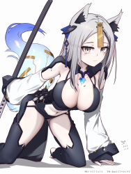 Rule 34 | 1girl, absurdres, all fours, animal ear fluff, animal ears, black hair, blush, breasts, cleavage, detached sleeves, fox ears, fox girl, fox tail, grey hair, highres, holding, holding weapon, large breasts, long hair, long sleeves, looking at viewer, multicolored hair, navel, original, qiaogun damodao, revision, simple background, solo, stirrup legwear, streaked hair, tail, toeless legwear, two-tone hair, very long hair, weapon, white background, yellow eyes