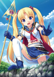Rule 34 | 1girl, blonde hair, blue eyes, blue gloves, blue skirt, collarbone, gloves, hair bobbles, hair ornament, holding, holding weapon, kageira, long hair, looking at viewer, open mouth, original, pleated skirt, polearm, shirt, skirt, solo, spear, thighhighs, twintails, weapon, white shirt, white thighhighs