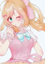 Rule 34 | 1girl, ;o, ahoge, blonde hair, blowing kiss, bow, bowtie, clothes around waist, collarbone, finger heart, frilled bracelet, hair bow, hair ornament, hairpin, heart, heart hair ornament, heart print, highres, idolmaster, idolmaster cinderella girls, kotsuou (0213), looking at viewer, one eye closed, open collar, pink vest, ponytail, sato shin, school uniform, short sleeves, sidelocks, simple background, solo, upper body, vest, white background
