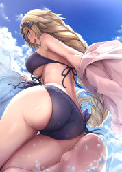 Rule 34 | 1girl, :d, ahoge, akita hika, alternate costume, ass, bad id, bad pixiv id, bare arms, bare back, bare shoulders, barefoot, bikini, blonde hair, blush, braid, breasts, commentary request, day, fate/grand order, fate (series), headpiece, highres, jeanne d&#039;arc (fate), jeanne d&#039;arc (ruler) (fate), large breasts, long hair, looking at viewer, looking back, open mouth, outdoors, short hair, sideboob, single braid, smile, solo, splashing, swimsuit, very long hair, water