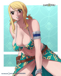 Rule 34 | 1girl, bare shoulders, bikini, blonde hair, bottomless, bracelet, breasts, brown eyes, cleavage, curvy, fairy tail, female focus, hair ornament, hanging breasts, jewelry, kameseru, large breasts, leaning forward, long hair, looking at viewer, lucy heartfilia, navel, no panties, parted lips, sarong, solo, swimsuit, tattoo, wide hips