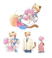 Rule 34 | animal ears, arm grab, blonde hair, blue pants, bracelet, cardigan, cat ears, cat tail, closed eyes, closed mouth, collared shirt, detached sleeves, diagonal-striped clothes, diagonal-striped necktie, fangs, gradient hair, hands on another&#039;s back, hetero, highres, hug, jewelry, kamiyama high school uniform (project sekai), long sleeves, miyamasuzaka girls&#039; academy school uniform, momomo (m0 3), multicolored hair, neck ribbon, necktie, ootori emu, open mouth, orange eyes, orange hair, pants, pink cardigan, pink eyes, pink hair, pocket, project sekai, red ribbon, ribbon, sailor collar, school uniform, shirt, short hair, simple background, striped clothes, striped necktie, tail, tail wrap, tenma tsukasa, white background, yellow cardigan