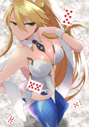 Rule 34 | 1girl, absurdres, ahoge, animal ears, artoria pendragon (all), artoria pendragon (fate), artoria pendragon (swimsuit ruler) (fate), bare shoulders, blonde hair, blue pantyhose, blush, braid, breasts, card, cleavage, clothing cutout, detached collar, fate/grand order, fate (series), feather boa, fishnet pantyhose, fishnets, french braid, green eyes, hair between eyes, highleg, highleg leotard, highres, kankitsu kei, large breasts, leotard, long hair, looking at viewer, navel cutout, necktie, pantyhose, playboy bunny, playing card, ponytail, rabbit ears, sidelocks, solo, thighs, tiara, white leotard, wrist cuffs