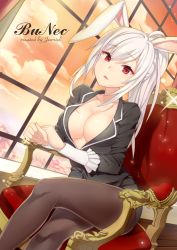 Rule 34 | 1girl, animal ears, arm support, bad id, bad pixiv id, blazer, breasts, rabbit ears, chair, cleavage, dusk, dutch angle, female focus, goyain, jacket, large breasts, crossed legs, looking at viewer, no bra, open mouth, original, pantyhose, pencil skirt, ponytail, red eyes, sitting, skirt, solo, white hair, window
