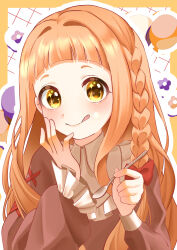 1girl :q absurdres balloon blush braid frilled_shirt_collar frills highres holding holding_spoon ichihara_nina idolmaster idolmaster_cinderella_girls long_hair long_sleeves looking_at_viewer orange_hair shirt side_braid smile solo sparkling_eyes spoon tongue tongue_out upper_body watatai yellow_eyes