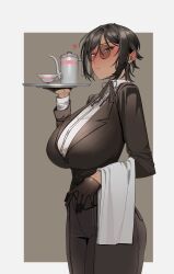 Rule 34 | 1girl, absurdres, alternate costume, black gloves, black hair, black jacket, black pants, blush, breasts, butler, crossdressing, cup, dark-skinned female, dark skin, earrings, female butler, gloves, highres, huge breasts, impossible clothes, jacket, jewelry, limbus company, looking at viewer, outis (project moon), pants, project moon, rhlatm, round eyewear, shirt, short hair, simple background, solo, sunglasses, teacup, teapot, two-tone background, white shirt