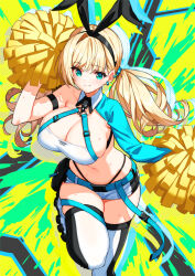 Rule 34 | 1girl, bare shoulders, blonde hair, blue eyes, blush, breasts, cheerleader, cleavage, crop top, holding, holding pom poms, large breasts, long hair, looking at viewer, miniskirt, navel, open mouth, original, pleated skirt, pom pom (cheerleading), pom poms, saitou masatsugu, skirt, skytube, smile, solo, usada mimi