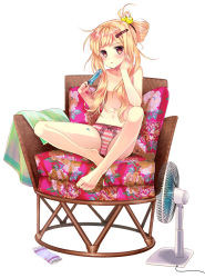 Rule 34 | 1girl, barefoot, blonde hair, blush, bow, bow panties, chair, electric fan, feet, feet on chair, floral print, food, full body, hair bobbles, hair ornament, hair up, hairclip, highres, legs, looking at viewer, navel, open mouth, original, panties, pillow, popsicle, red eyes, simple background, sitting, solo, striped clothes, striped panties, topless, underwear, white background, yuuki rika