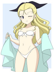 Rule 34 | 1girl, assam (girls und panzer), bikini, black ribbon, blonde hair, blue background, blue eyes, breasts, cowboy shot, front-tie bikini top, front-tie top, girls und panzer, hair pulled back, hair ribbon, highres, holding, holding towel, ichinose jun, long hair, looking at viewer, navel, one eye closed, parted lips, ribbon, small breasts, smile, solo, standing, strapless, strapless bikini, swimsuit, towel, white bikini